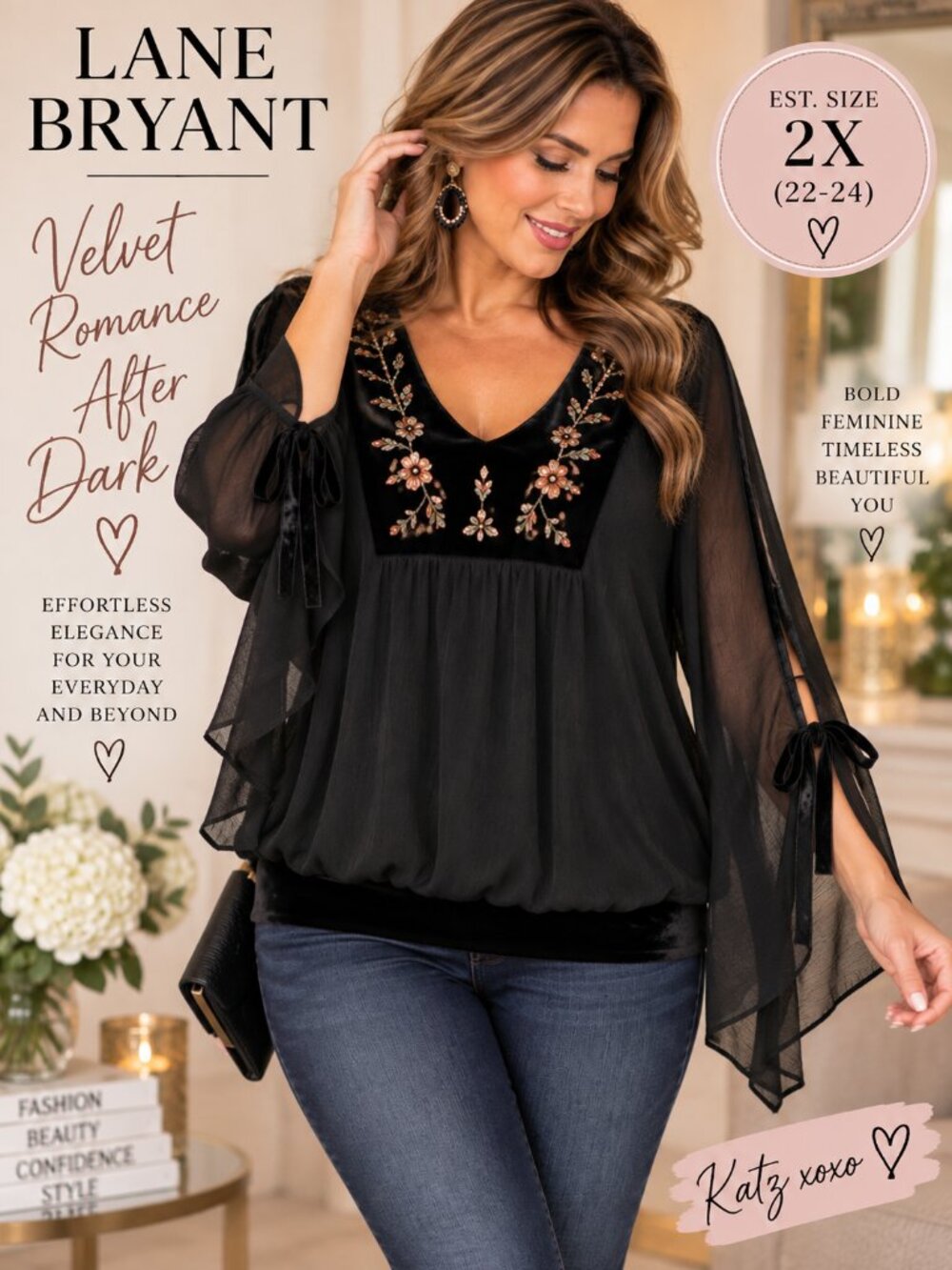Lane Bryant Black Velvet Embroidered Blouse 2X Split Bell Sleeve Boho Plus 22 24